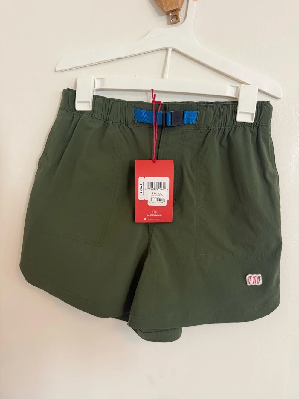 Topo Designs Olive Green Shorts with Blue Waist Belt